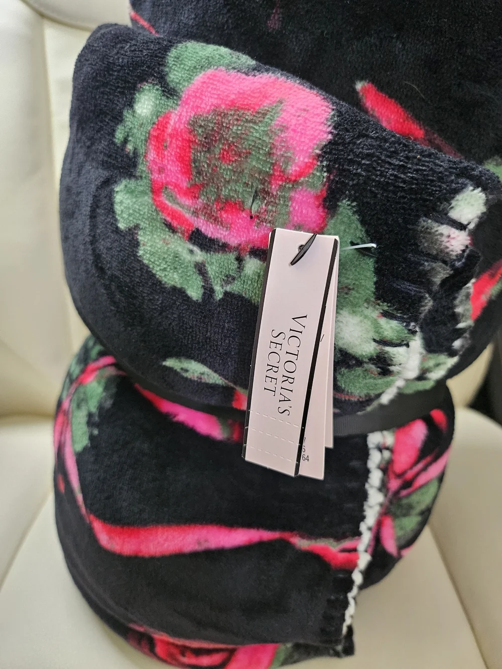 Victoria's Secret Black Plush Throw with Red & Green Floral Print